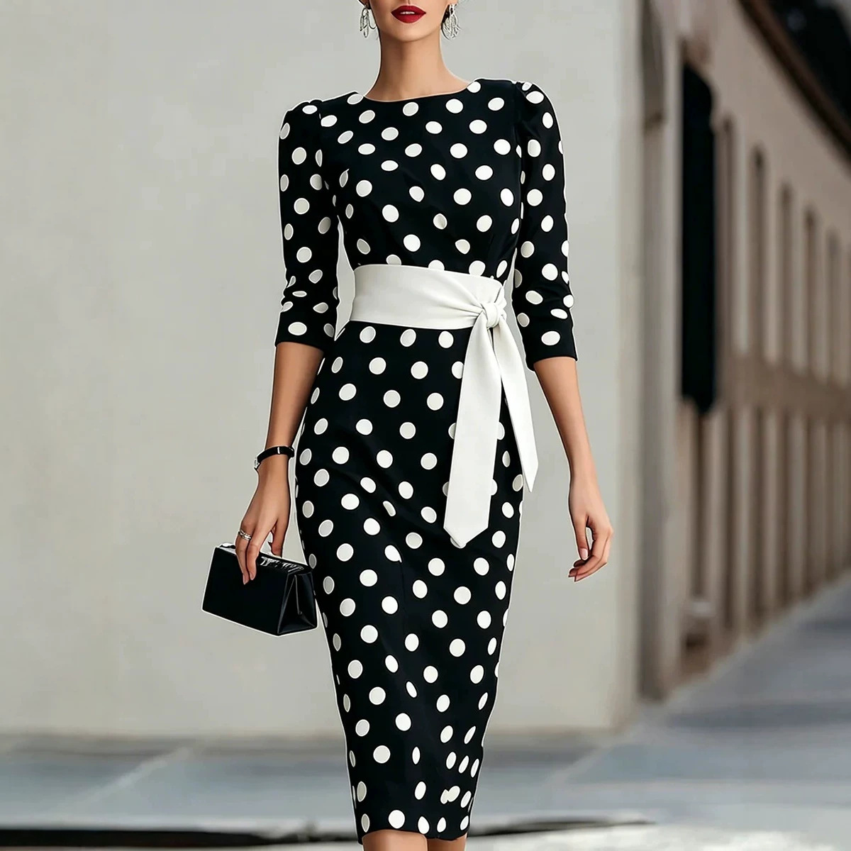Women Formal Office Wear Tops - Elegante zwart-witte polkadot midi jurk met