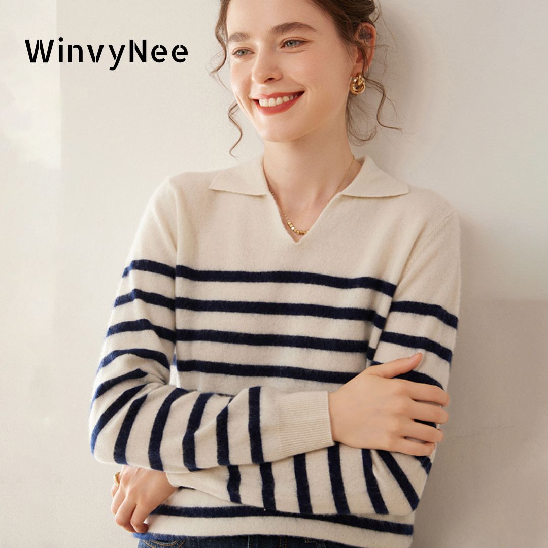Cashmere Sweater Formal - WinvyNee Dames Kasjmierwol Gestreepte Trui Polo