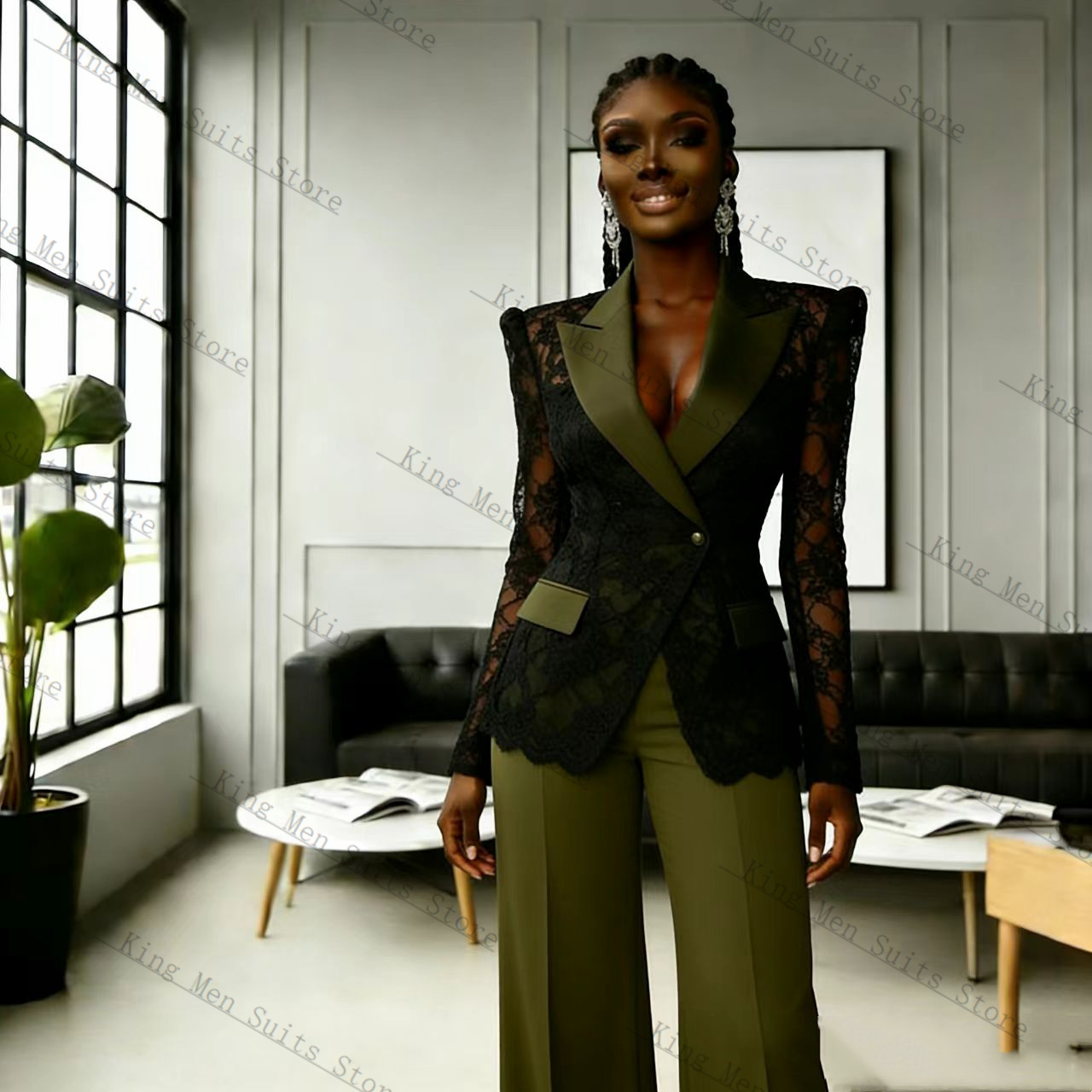 Women'S Formal Wear For A Wedding Guest - Groen Zwart Kant Vrouwen Pak Set
