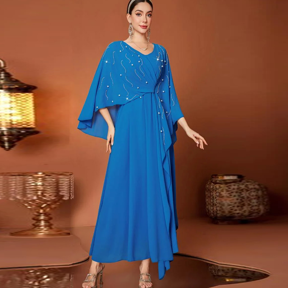 Women'S Formal Wear For A Wedding Guest - Luxe avondjurken met V-hals, capemouwen, kralen,